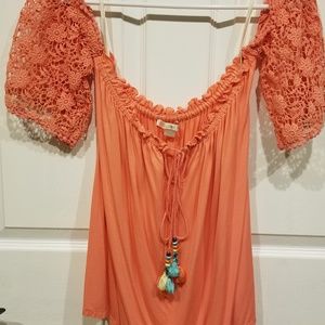 Boston Proper Lace Sleeve Boho Tassel Tie Top